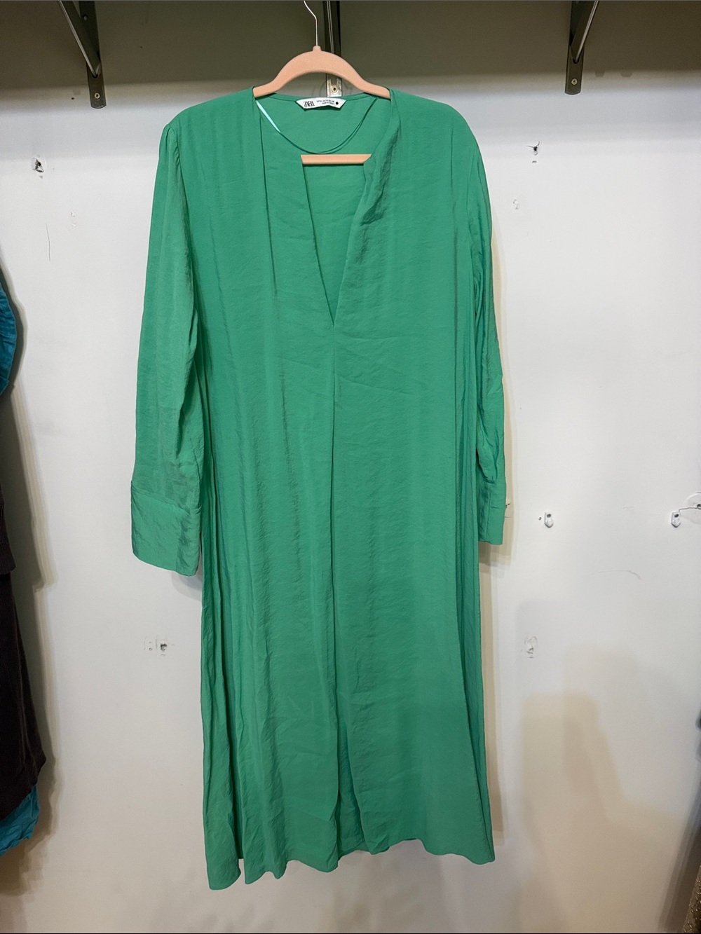Zara Emerald Green Long Sleeve V-Neck Midi Dress
